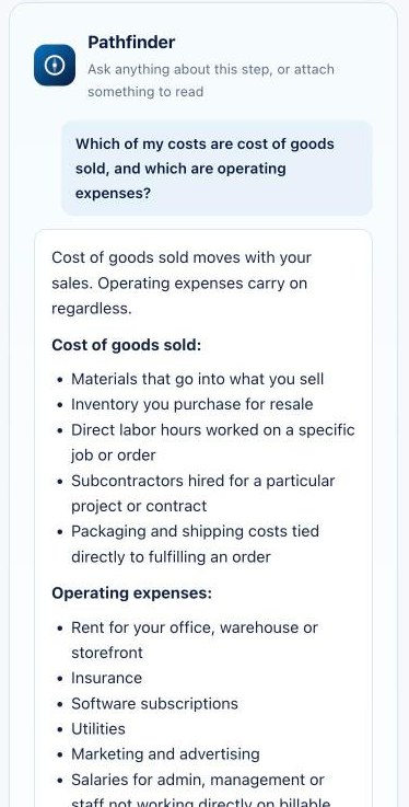 Pathfinder answering which costs are cost of goods sold and which are operating expenses.