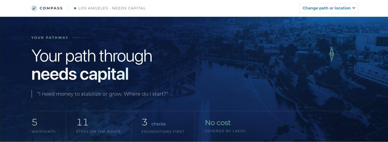 A Compass pathway for a business that needs capital: 5 waypoints, 11 steps, no cost.