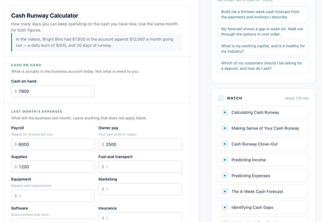 The Cash Runway Calculator in Compass, next to a list of short video lessons.