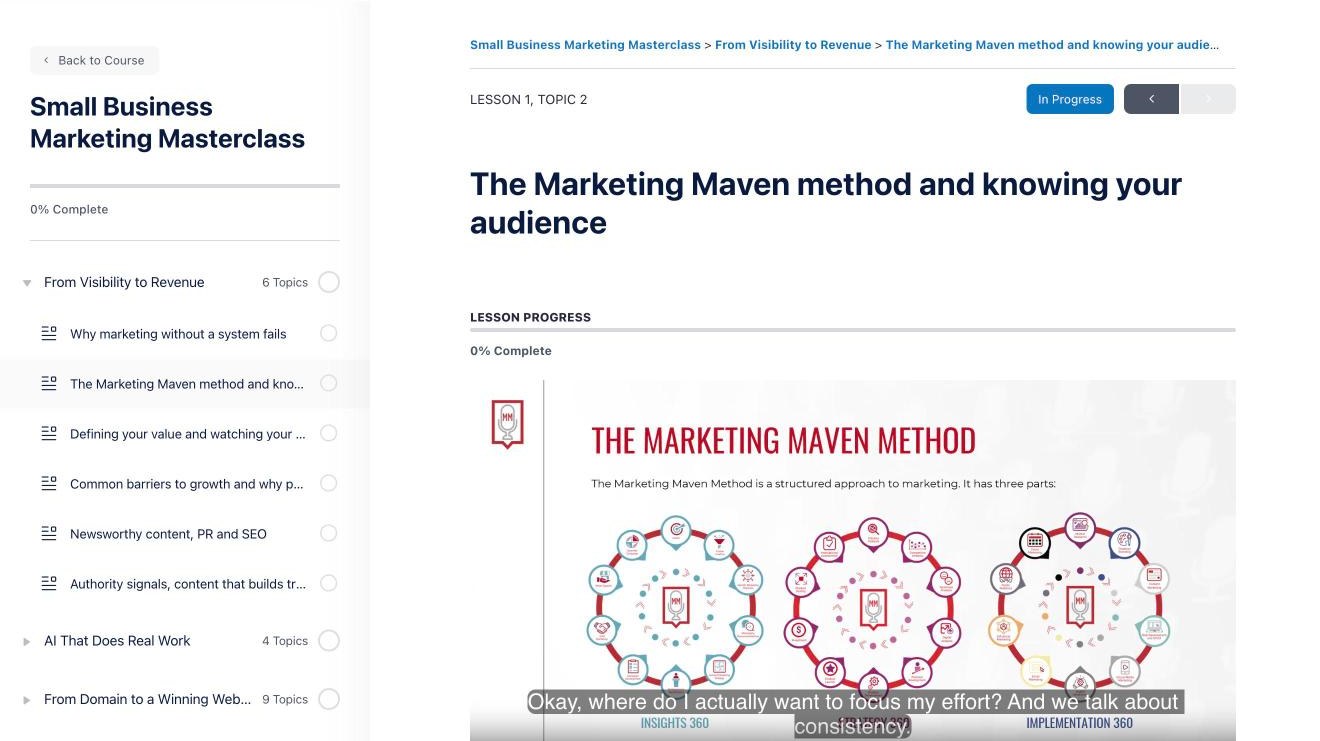 A lesson in the Small Business Marketing Masterclass, with the course outline on the left and the video playing with captions.